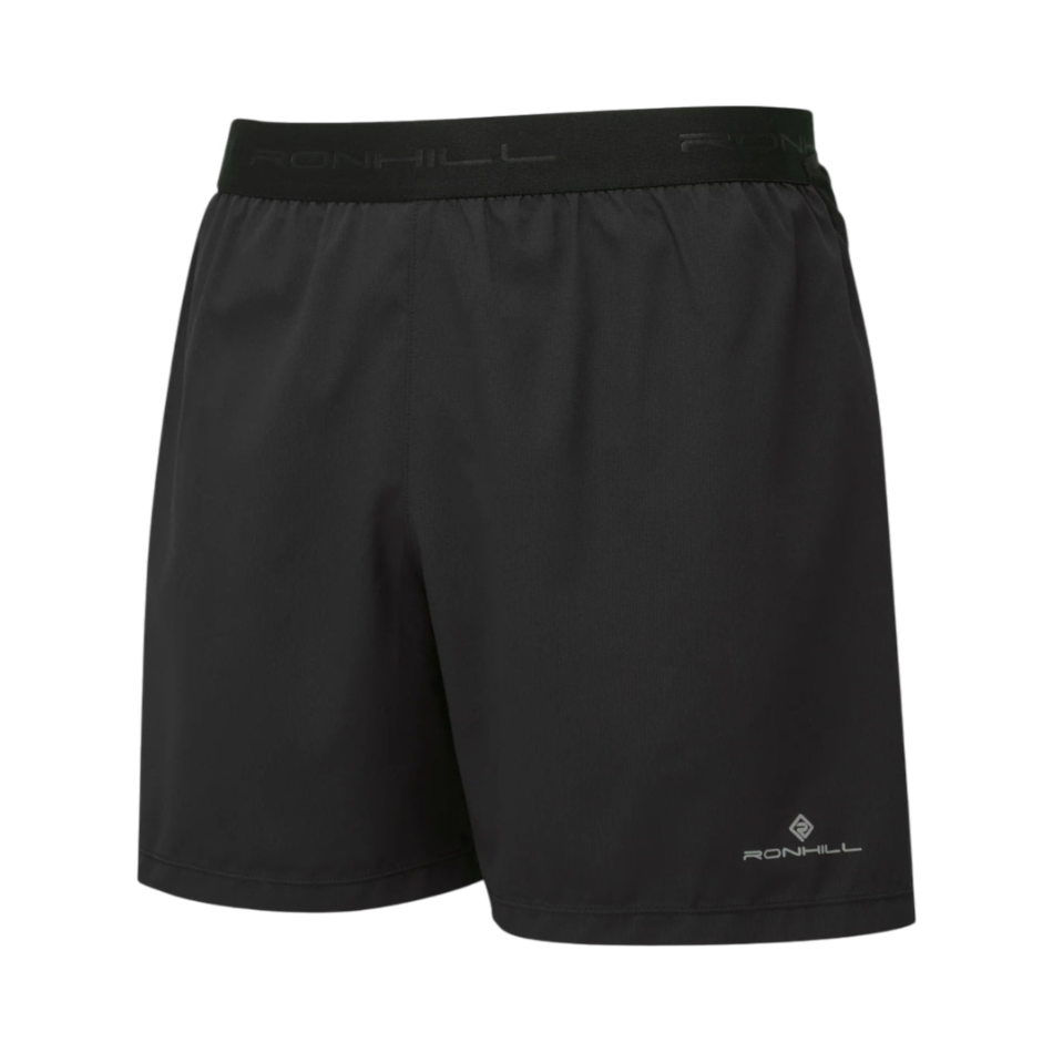 Up & Running Ronhill Men's Tech All-Terrain 5 inch running shorts in black with an elasticated logo waistband.