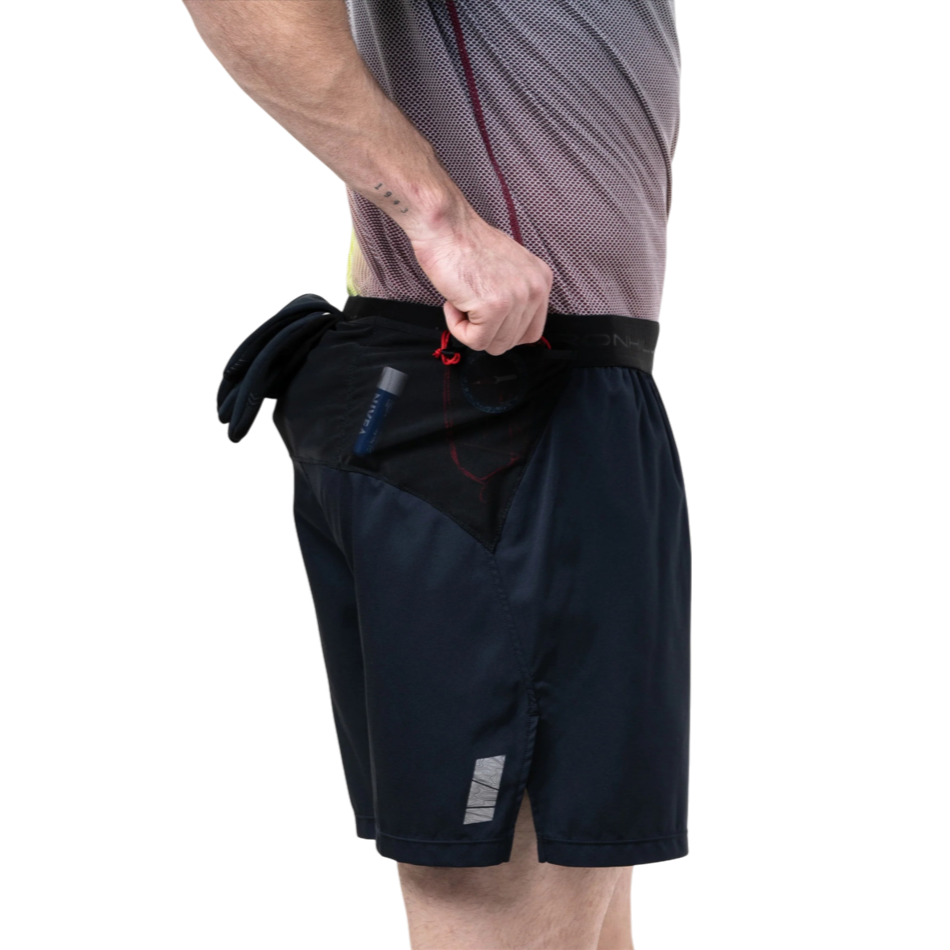 Up & Running Ronhill men's black 5-inch tech all-terrain running shorts with integrated storage pockets