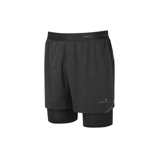Up & Running Ronhill men's black 2-in-1 running shorts with reflective detailing and branded elastic waistband