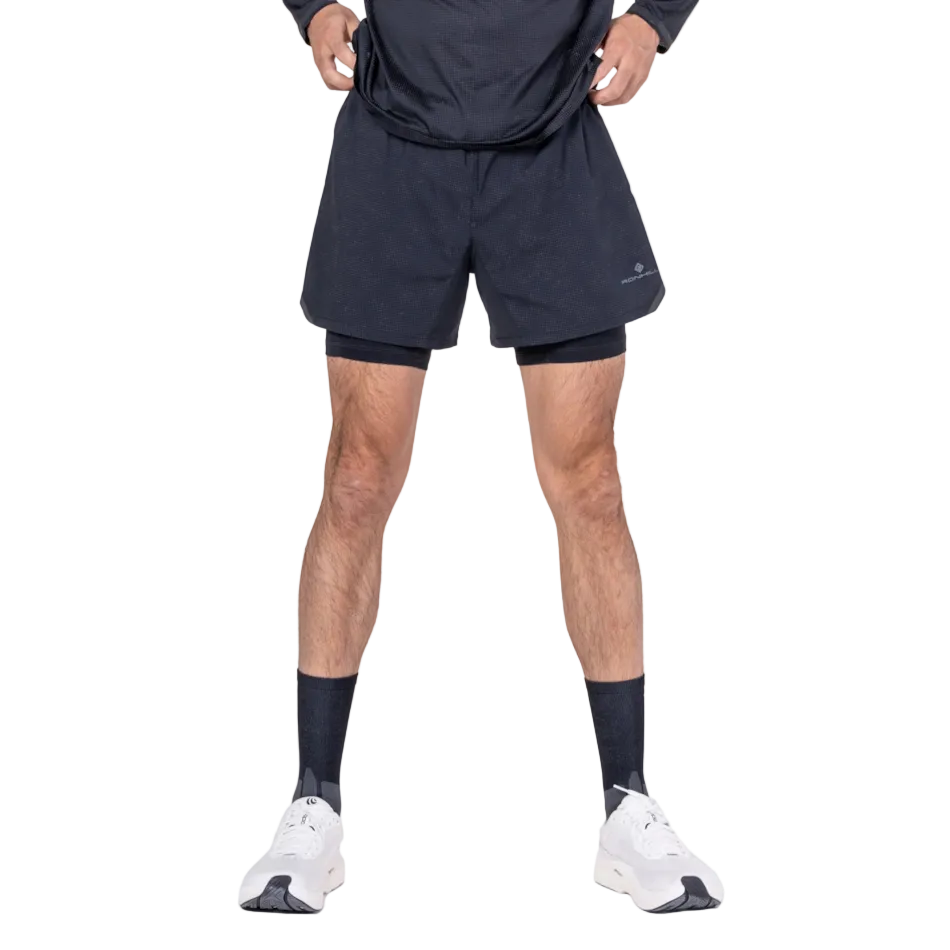 Up & Running Ronhill Men's Tech Reflect Lux 5 inch 2-in-1 running shorts in black with reflective grid pattern
