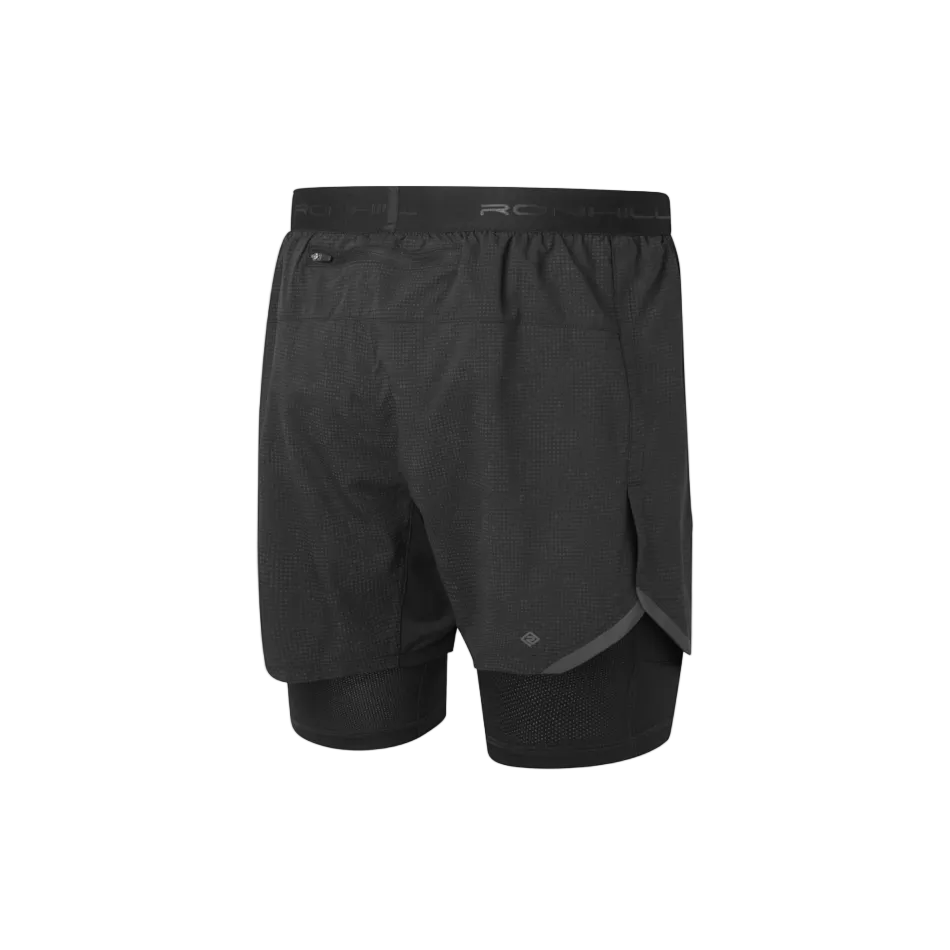 Up & Running Ronhill men's black 2-in-1 running shorts with reflective details and a rear zip pocket, back view.