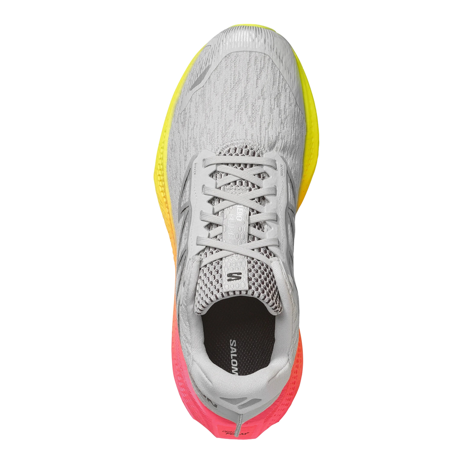 Up & Running Salomon Aero Glide 4 running shoes in grey violet, safety yellow, and black with high-stack foam cushioning