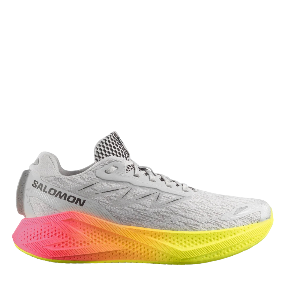 Up & Running Salomon Aero Glide 4 running shoes in grey violet with a vibrant yellow and orange gradient midsole