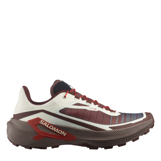 Up & Running Salomon Genesis 2 trail running shoes in vanilla ice, iron, and lava falls with Matryx upper.