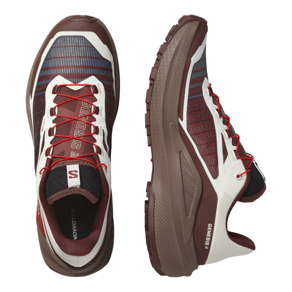 Up & Running Salomon Genesis 2 trail running shoes in vanilla ice, iron, and lava falls with Matryx upper and outsole.