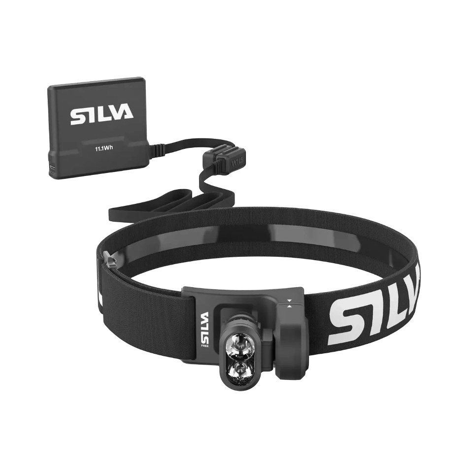 Up & Running Silva Free Runner 1100 head torch with black headband, dual LED lamp unit, and external battery pack.