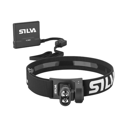Up & Running Silva Free Runner 1100 head torch with black headband, dual LED lamp unit, and external battery pack.