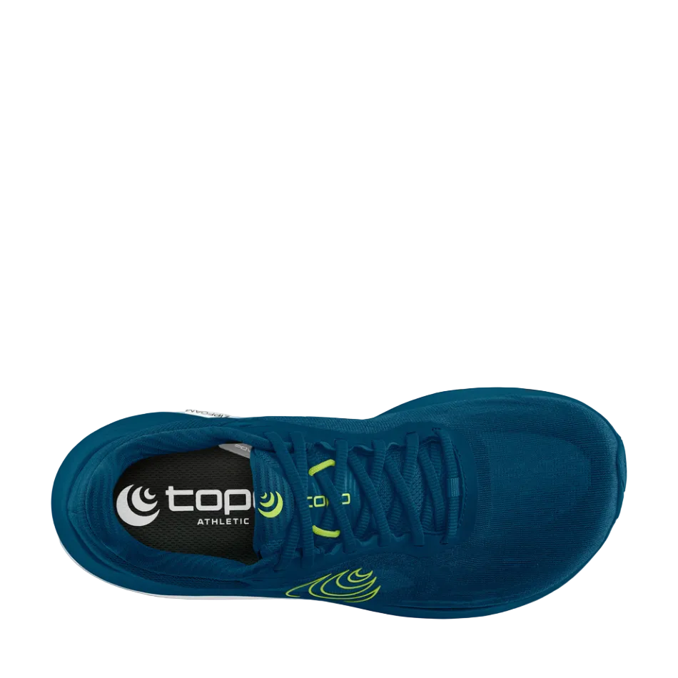 Topo Men's Ultrafly 6 Running Shoes in Navy/Lime, top view