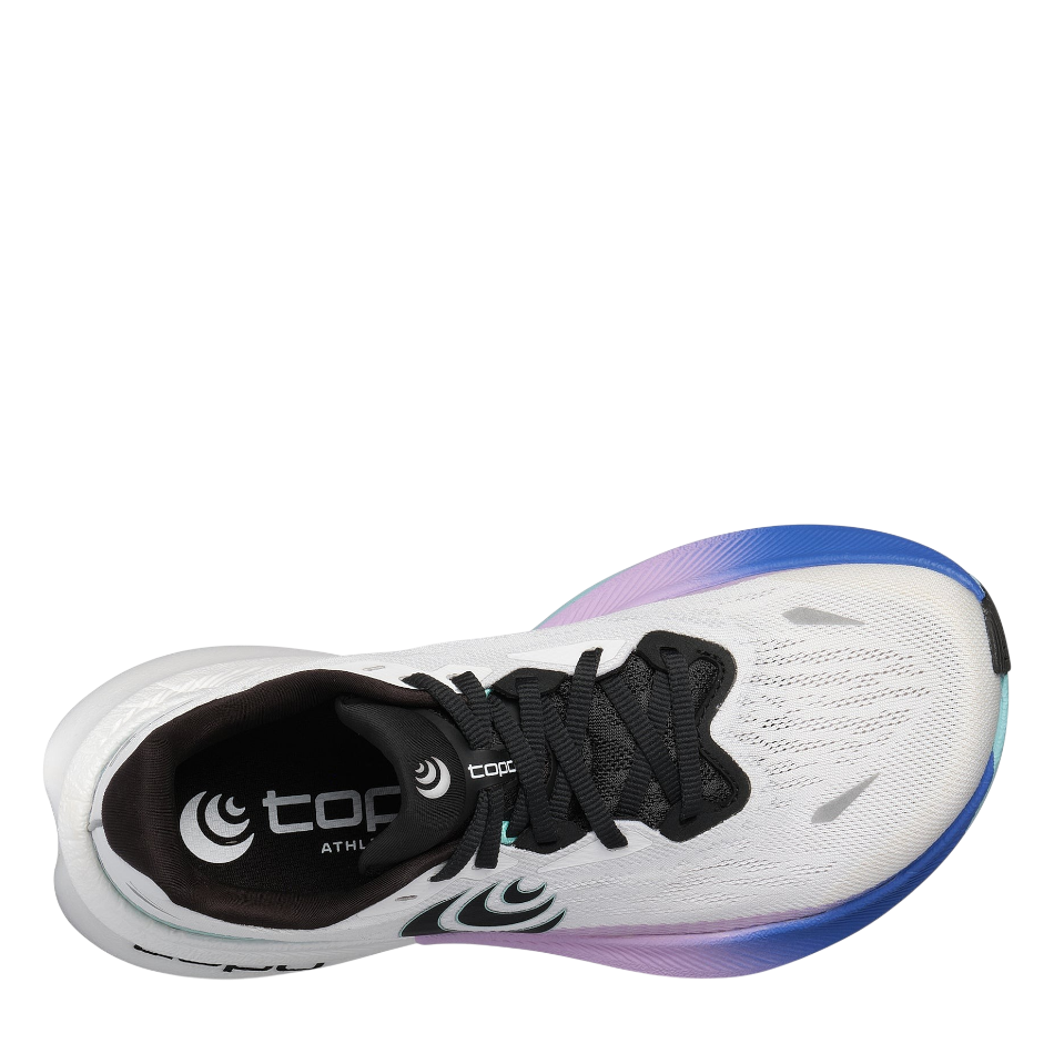Up & Running Topo Women's Specter 3 running shoes in white with teal and purple gradient midsole, top-down view.