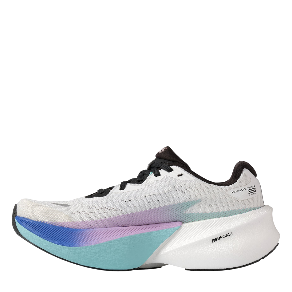 Up & Running Topo Women's Specter 3 running shoes in white with teal and purple midsole accents and REVFOAM cushioning.