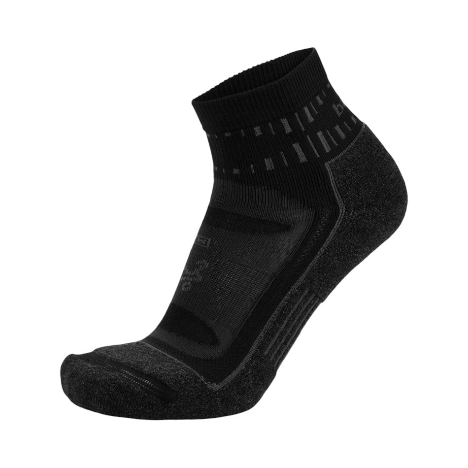 Up & Running Balega Blister Resist quarter running socks in grey and black with moisture-wicking wool blend fabric.