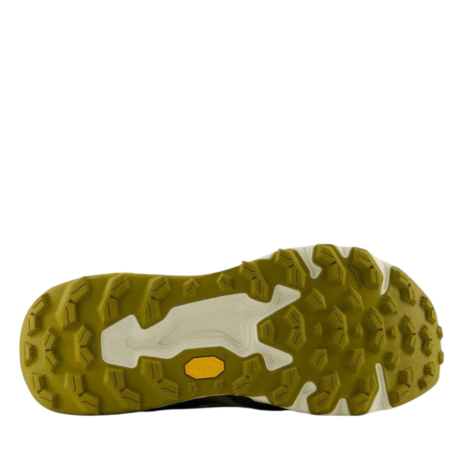 Up & Running New Balance Hierro v9 trail running shoe outsole with Vibram Megagrip lugs in olive and cream