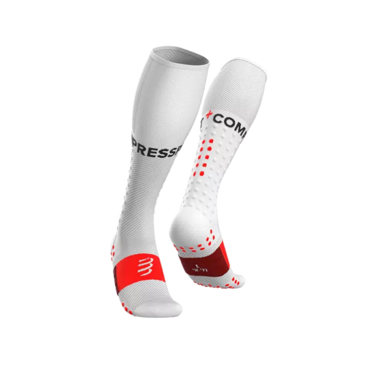 Up & Running Compressport white compression running socks with 3D.Dot technology and red arch support detailing.