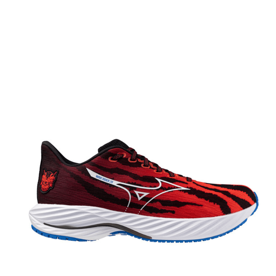 Mizuno Shoes Mizuno Unisex Wave Rider 28 Running Shoes in Mizuno Ignition Red/White/Baseball Blue SS25 - Up and Running