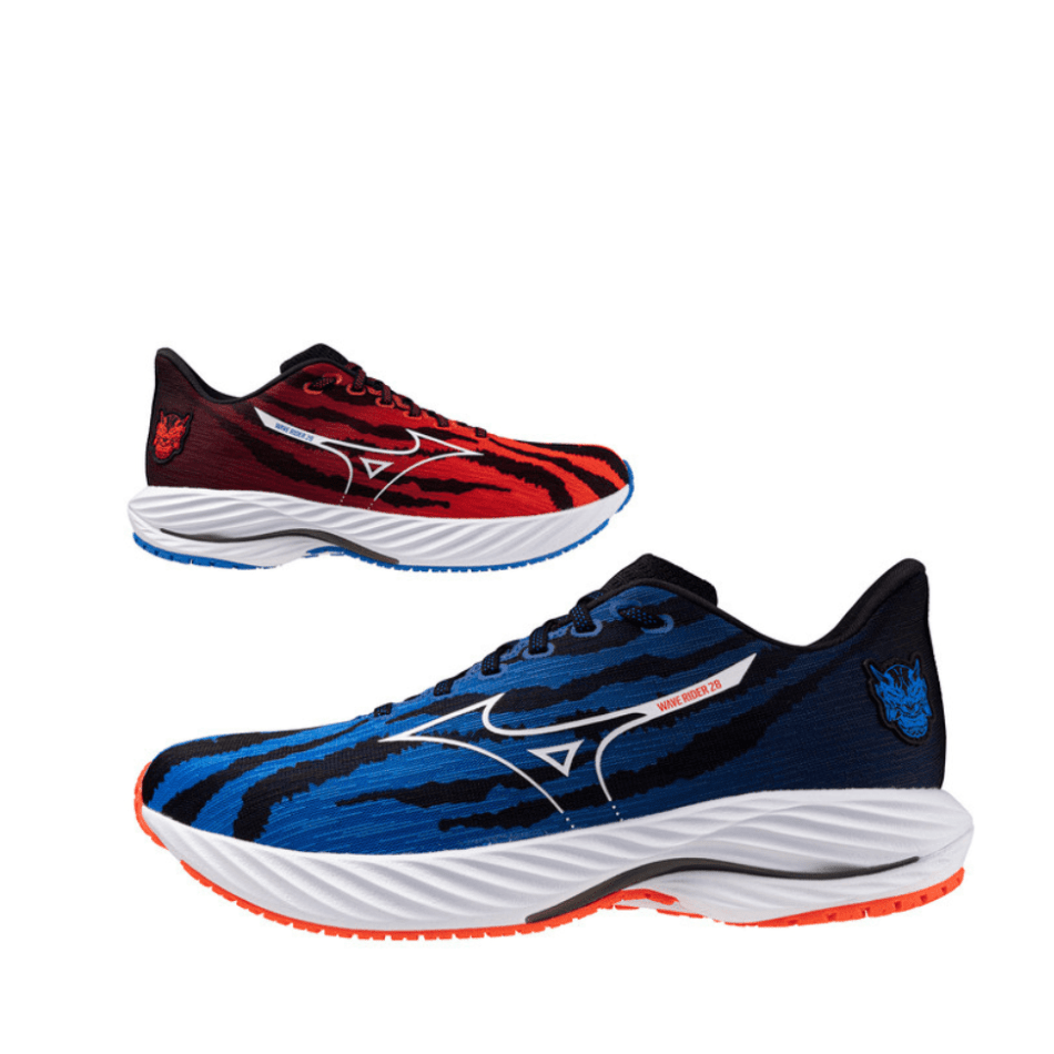 Mizuno Shoes Mizuno Unisex Wave Rider 28 Running Shoes in Oni Demon Mizuno Ignition Red/White/Baseball Blue SS25 - Up and Running