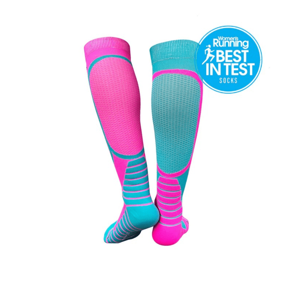 Monkey Sox Clothing Monkey Sox Victory Compression Running Socks in Pink/Turquoise - Up and Running