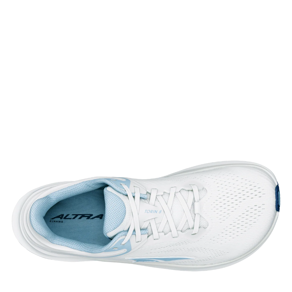 Up & Running Altra Women's Torin 8 running shoes in white and light blue with a breathable jacquard mesh upper.