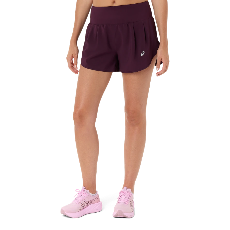 Up & Running ASICS women's dark aubergine 3.5-inch running shorts with elastic waistband and reflective logo