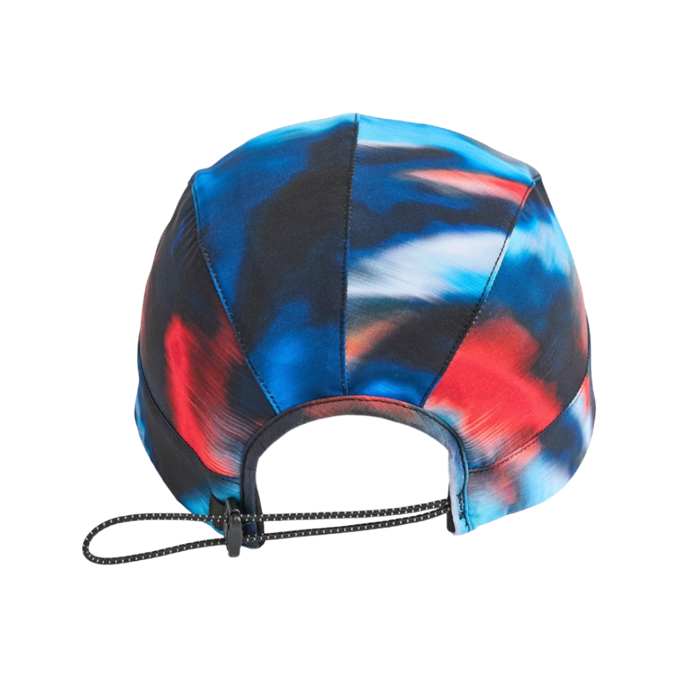Up & Running Janji AFO Hyperlight running cap in Riders On The Storm blue and red abstract print with bungee strap