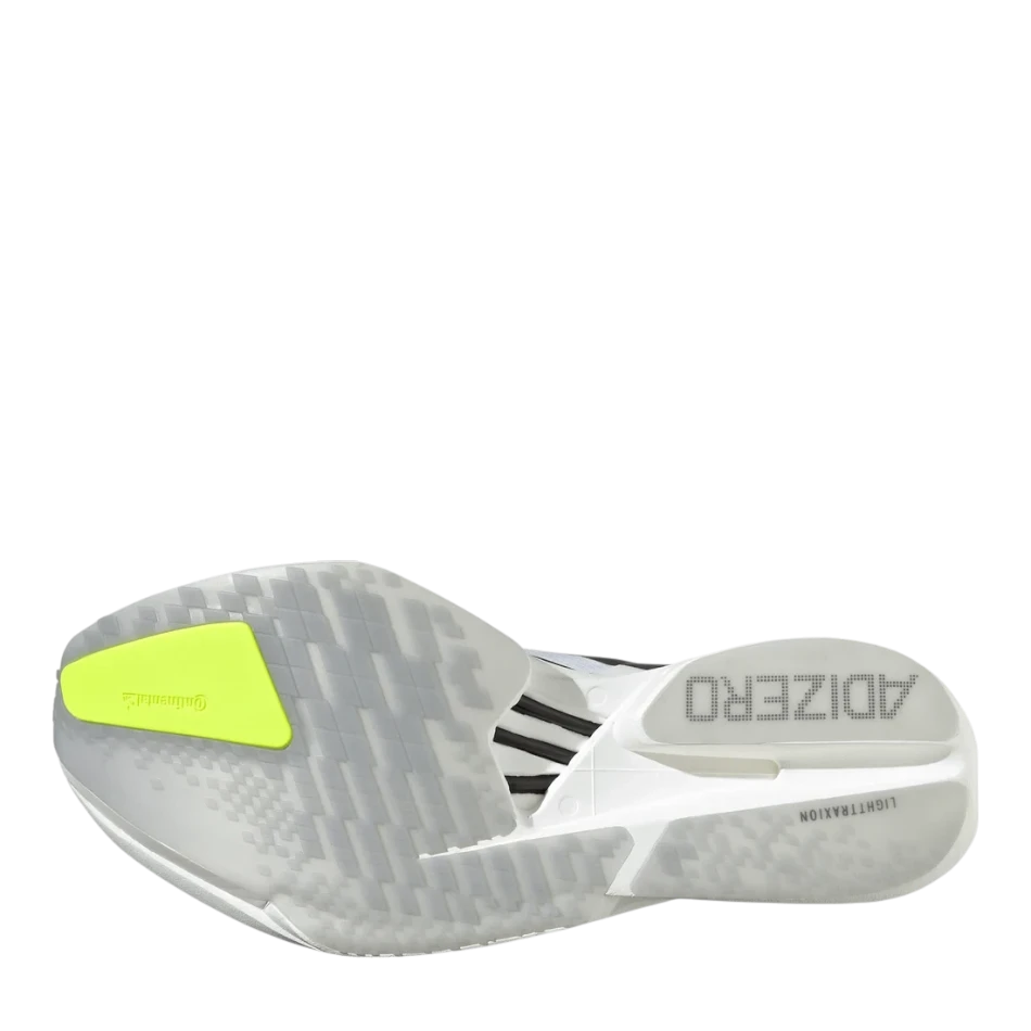 Up & Running adidas Adios Pro 4 running shoe outsole in white with solar yellow Continental rubber grip detail
