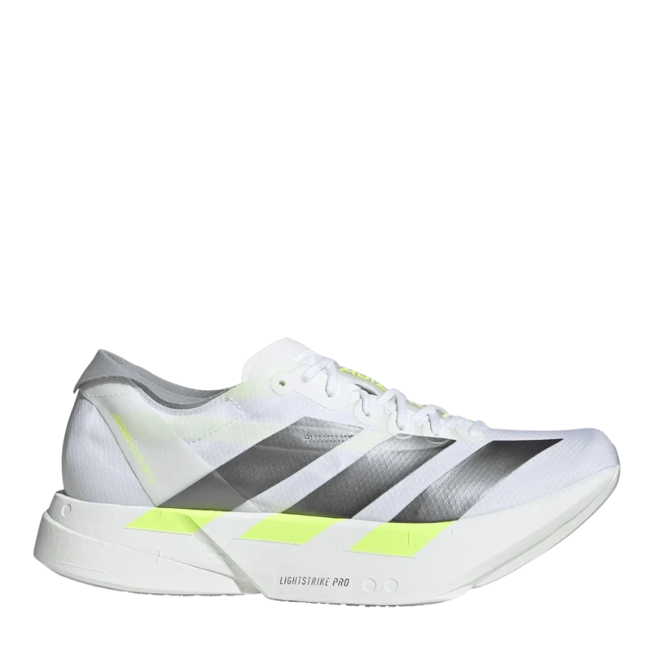 Up & Running adidas Adios Pro 4 running shoes in white with iron metallic stripes and solar yellow accents.