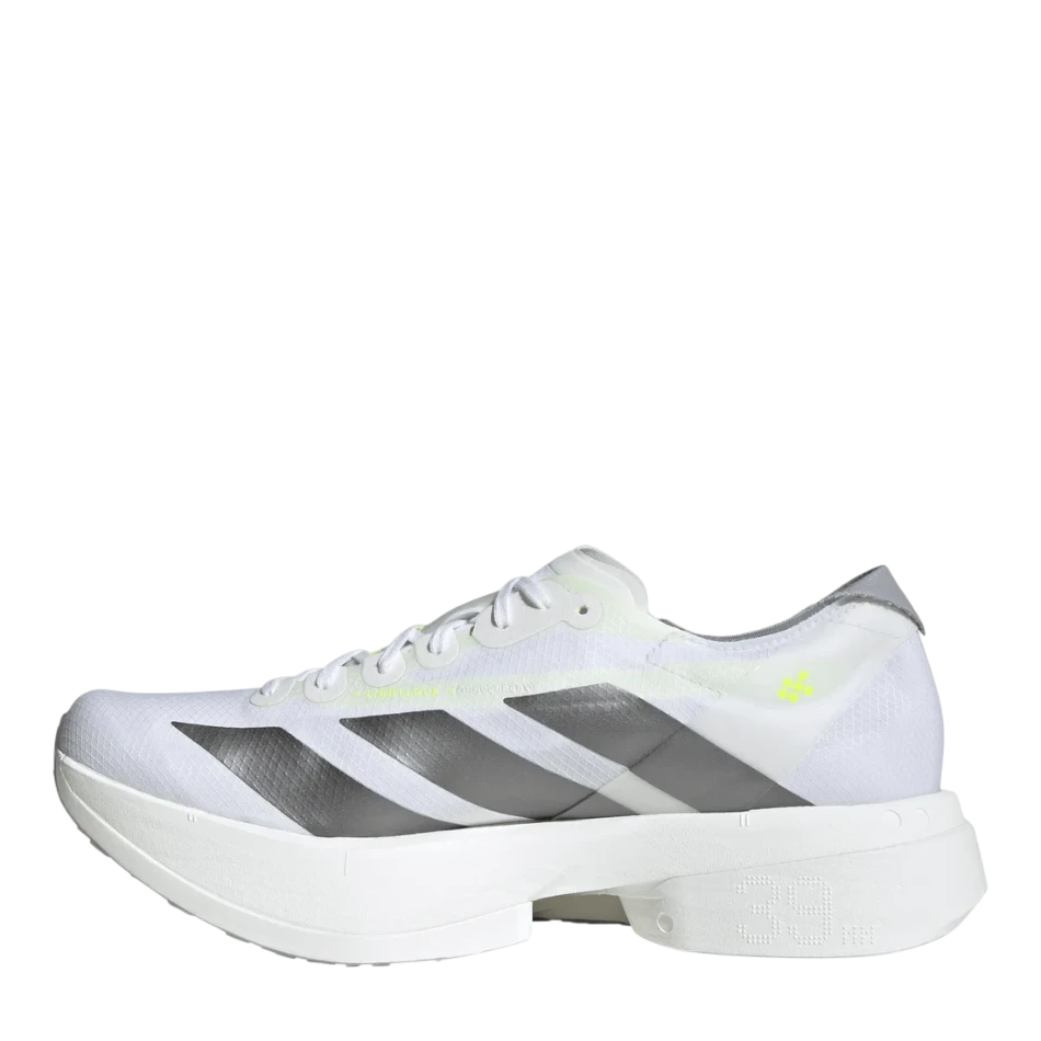 Up & Running adidas Adios Pro 4 running shoes in cloud white with iron metallic stripes and solar yellow accents
