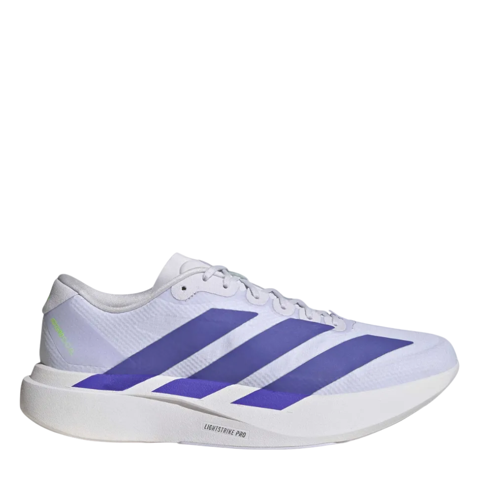 Up & Running adidas adizero Evo SL running shoes in frozen and solar purple with green accents and Lightstrike Pro foam