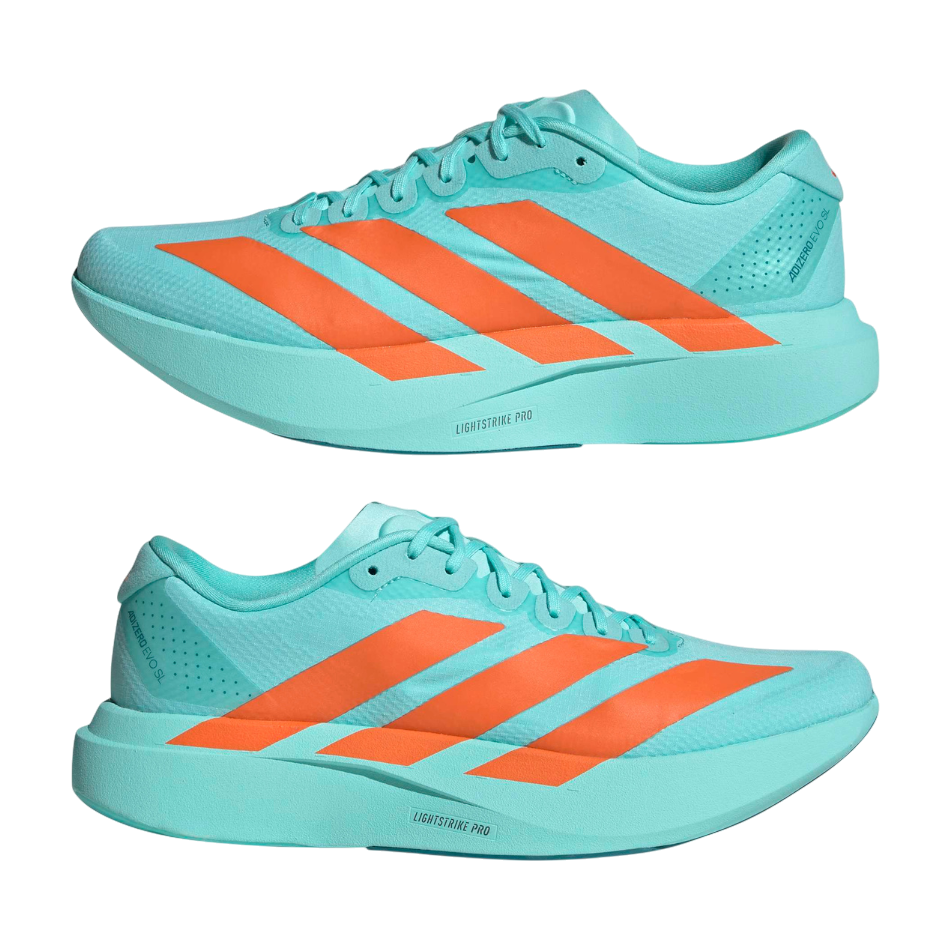 Up & Running adidas Adizero Evo SL running shoes in flash aqua with impact orange stripes and Lightstrike Pro foam