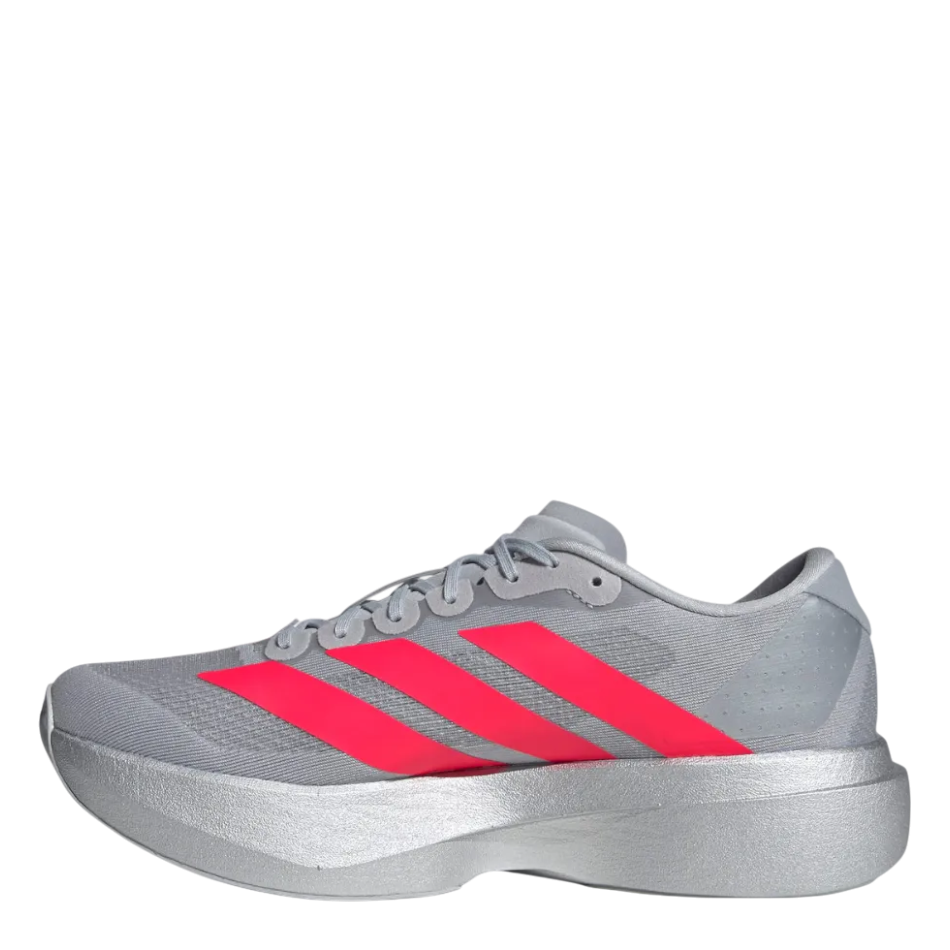 Up & Running adidas Adizero Evo SL running shoes in silver metallic with vibrant lucid red side stripes