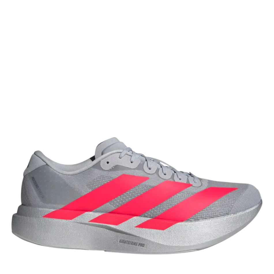 Up & Running adidas Adizero Evo SL running shoes in silver and lucid red with Lightstrike Pro foam cushioning