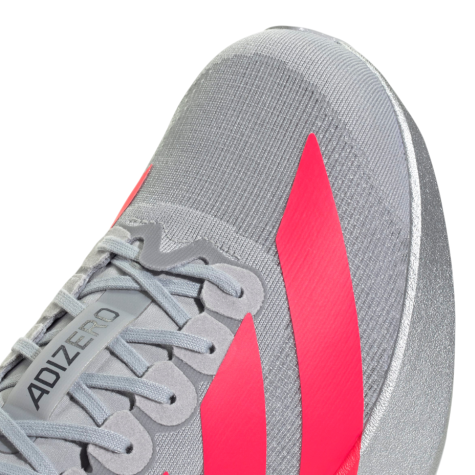 Up & Running adidas Adizero Evo SL running shoe in silver and lucid red with lightweight mesh and Lightstrike Pro foam