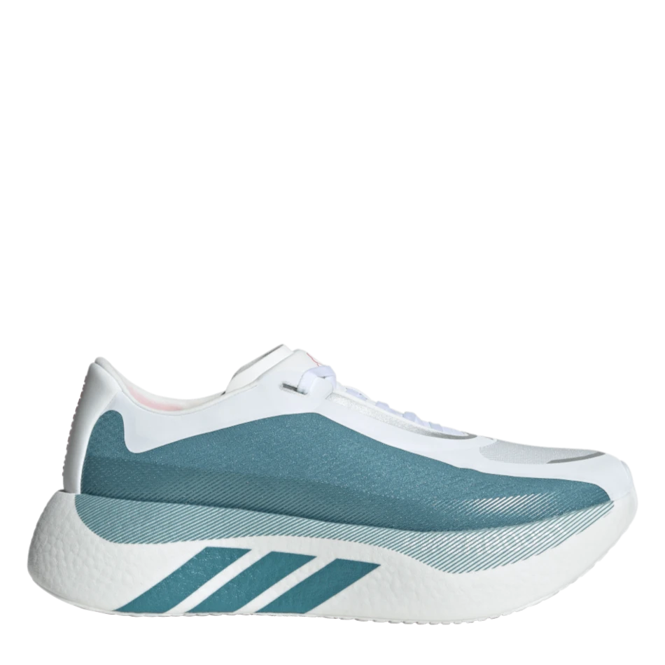 Up & Running adidas Men's Hyperboost Edge running shoe in white and petrol blue with a high-stack cushioned midsole.