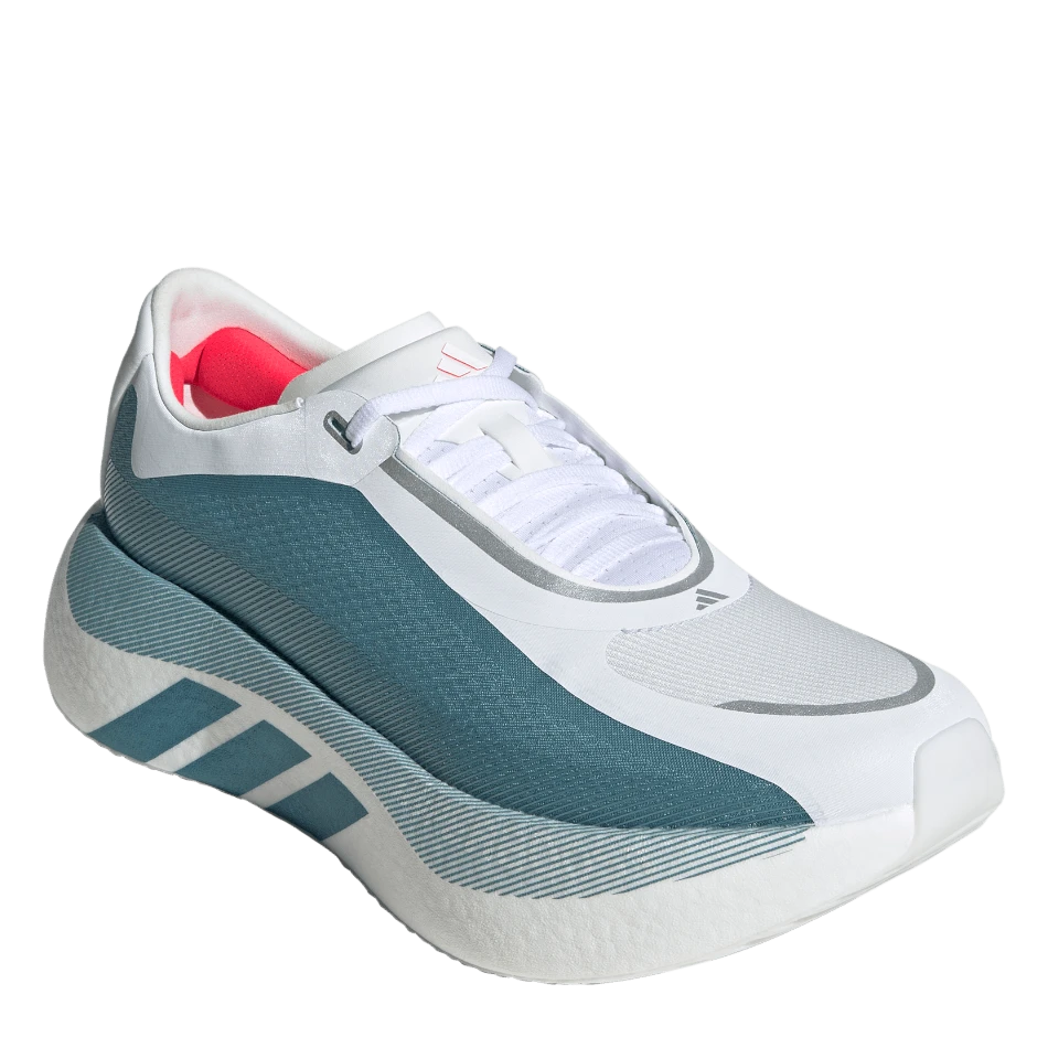 Up & Running adidas Hyperboost Edge running shoe in cloud white, petrol, and lucid red with a high-stack midsole.
