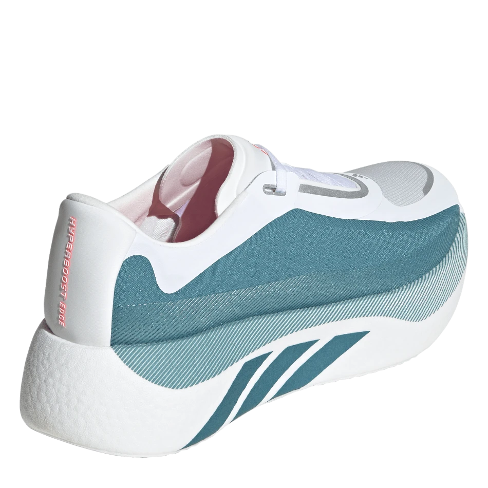 Up & Running adidas Hyperboost Edge running shoe in white and petrol blue with a thick cushioned midsole