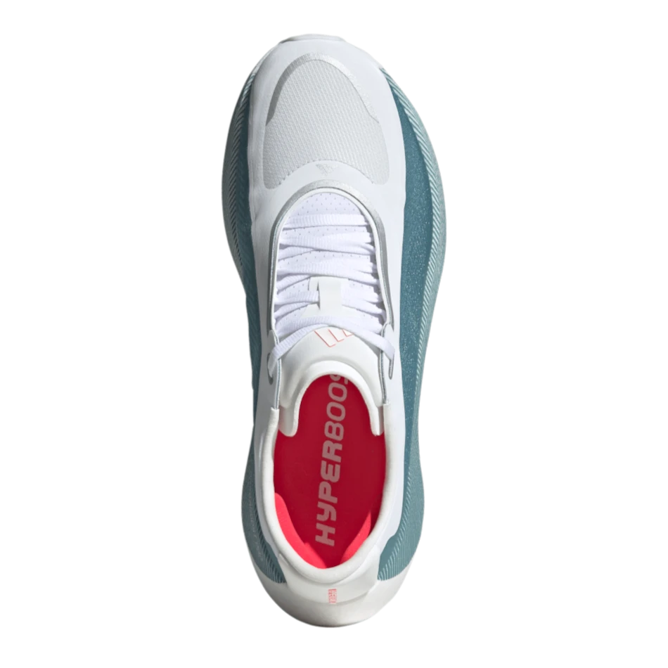 Up & Running adidas Hyperboost Edge running shoes in cloud white with petrol metallic accents and a lucid red insole.