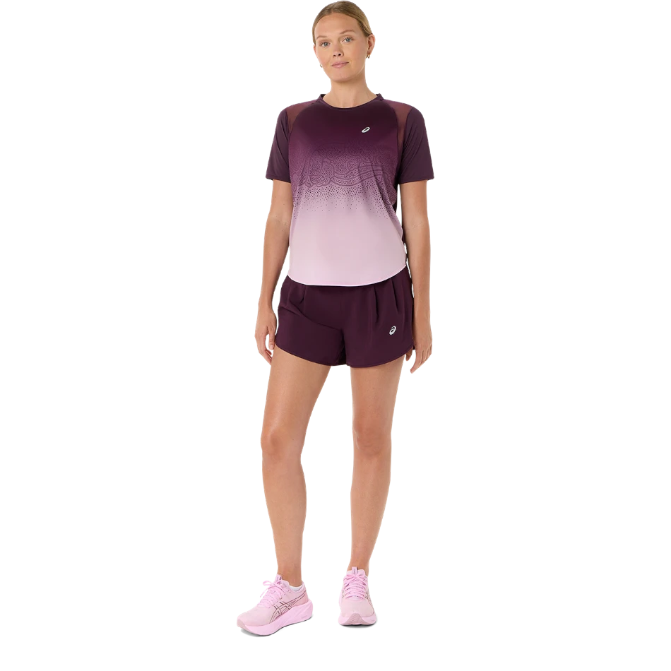 Up & Running ASICS women's dark aubergine 3.5-inch running shorts with pockets and elasticated storage loops