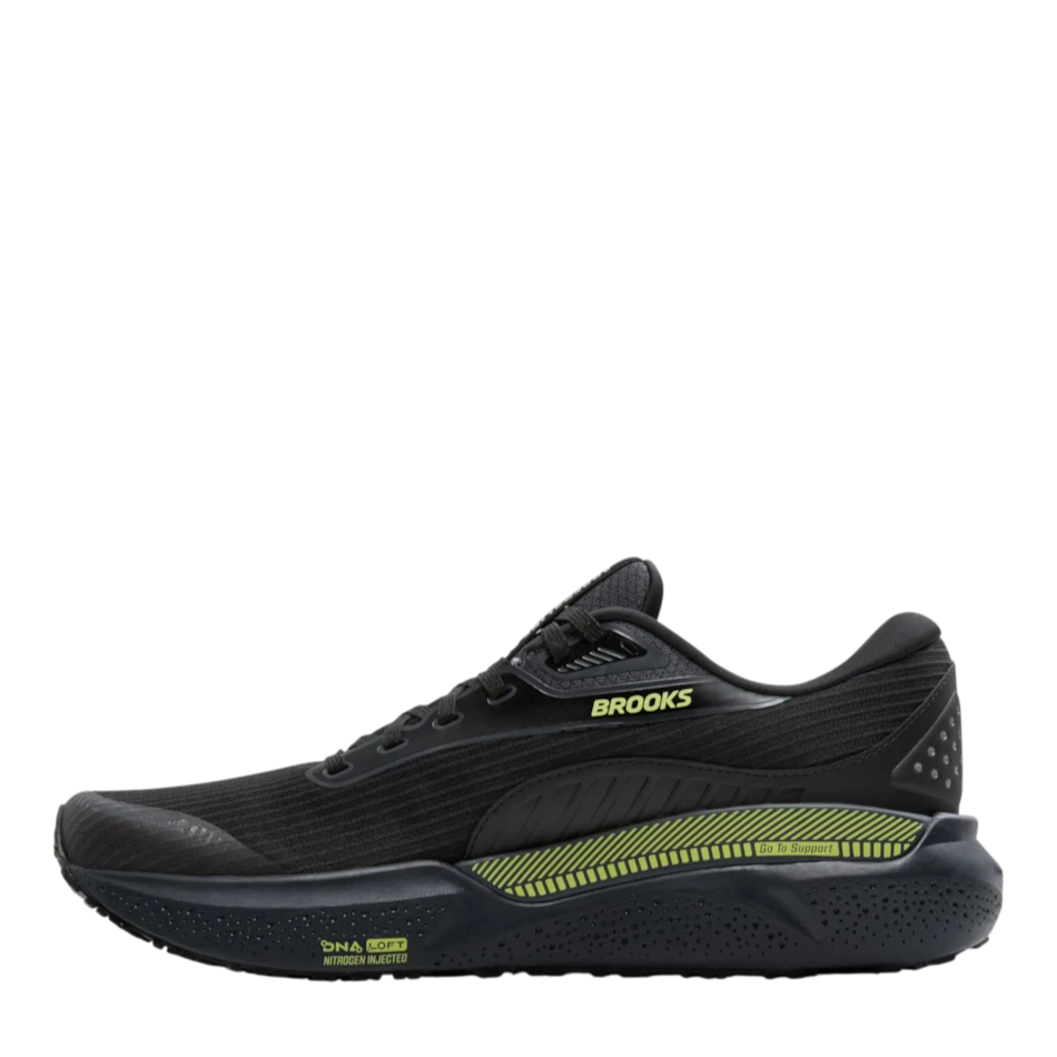 Up & Running Brooks Adrenaline GTS 24 black running shoes with yellow accents and nitrogen-infused DNA LOFT v3 foam