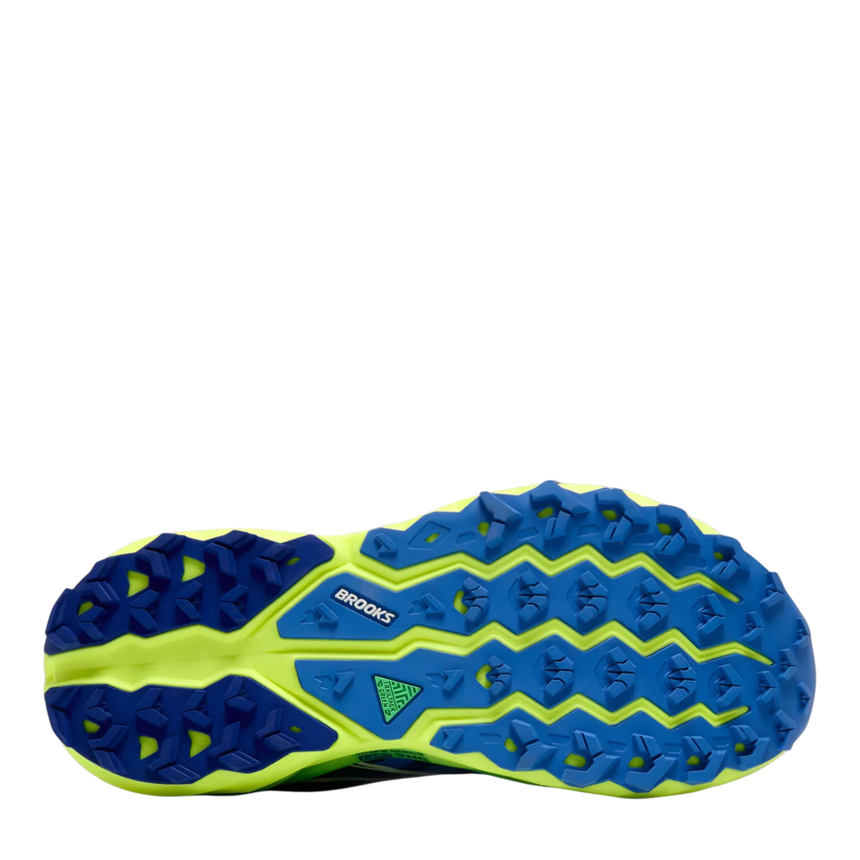 Up & Running Brooks Cascadia 19 trail running shoe outsole in blue and neon yellow with deep traction lugs