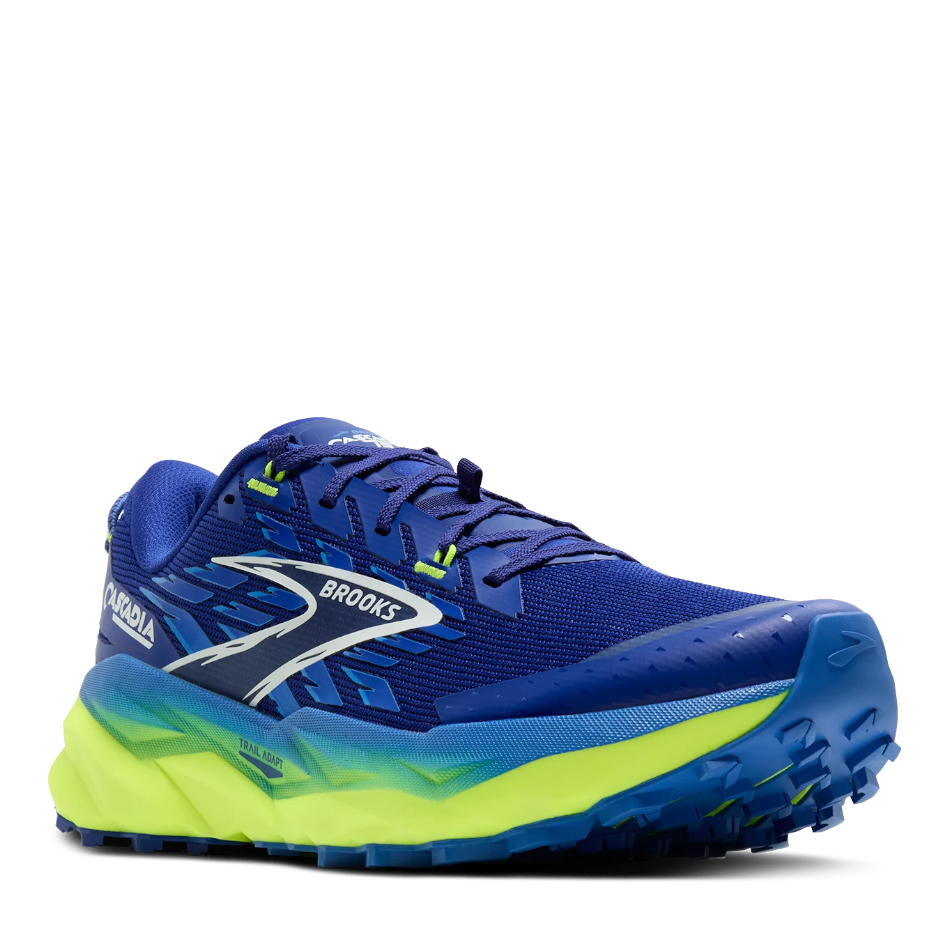 Up & Running Brooks Cascadia 19 trail running shoes in blue and neon yellow with a rugged TrailTrack rubber outsole.