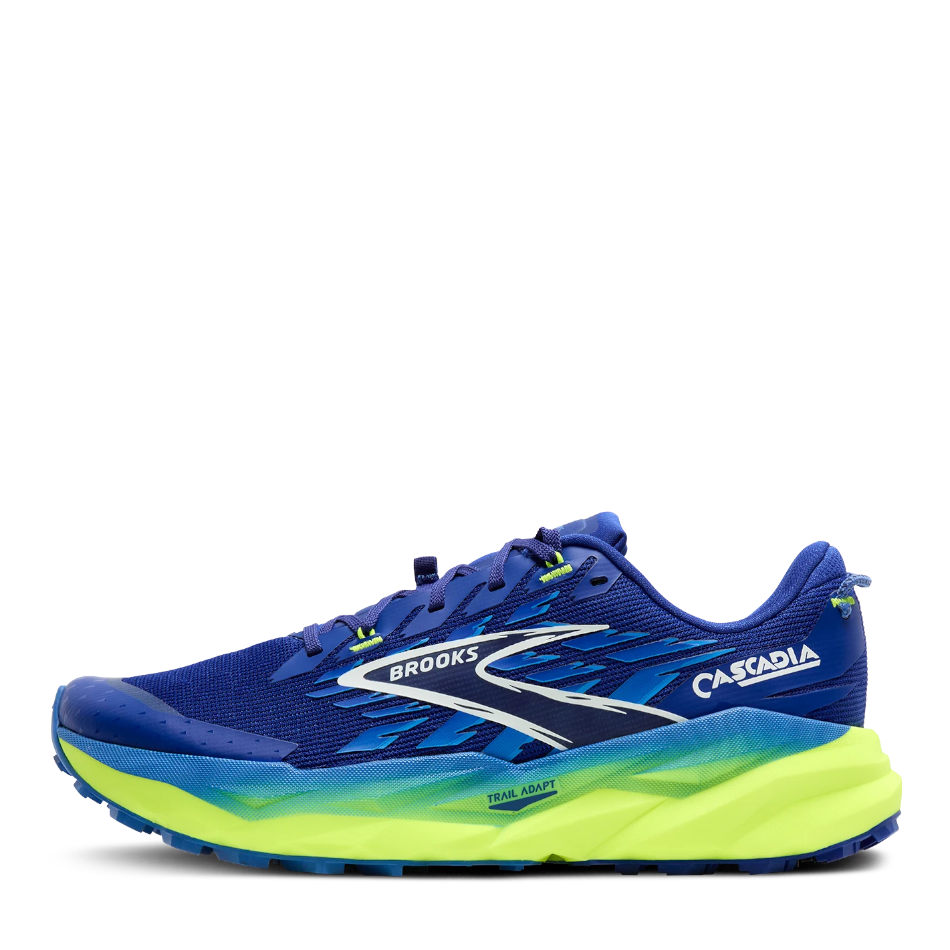Up & Running Brooks Cascadia 19 trail running shoes in blue and neon yellow with DNA LOFT v2 cushioning