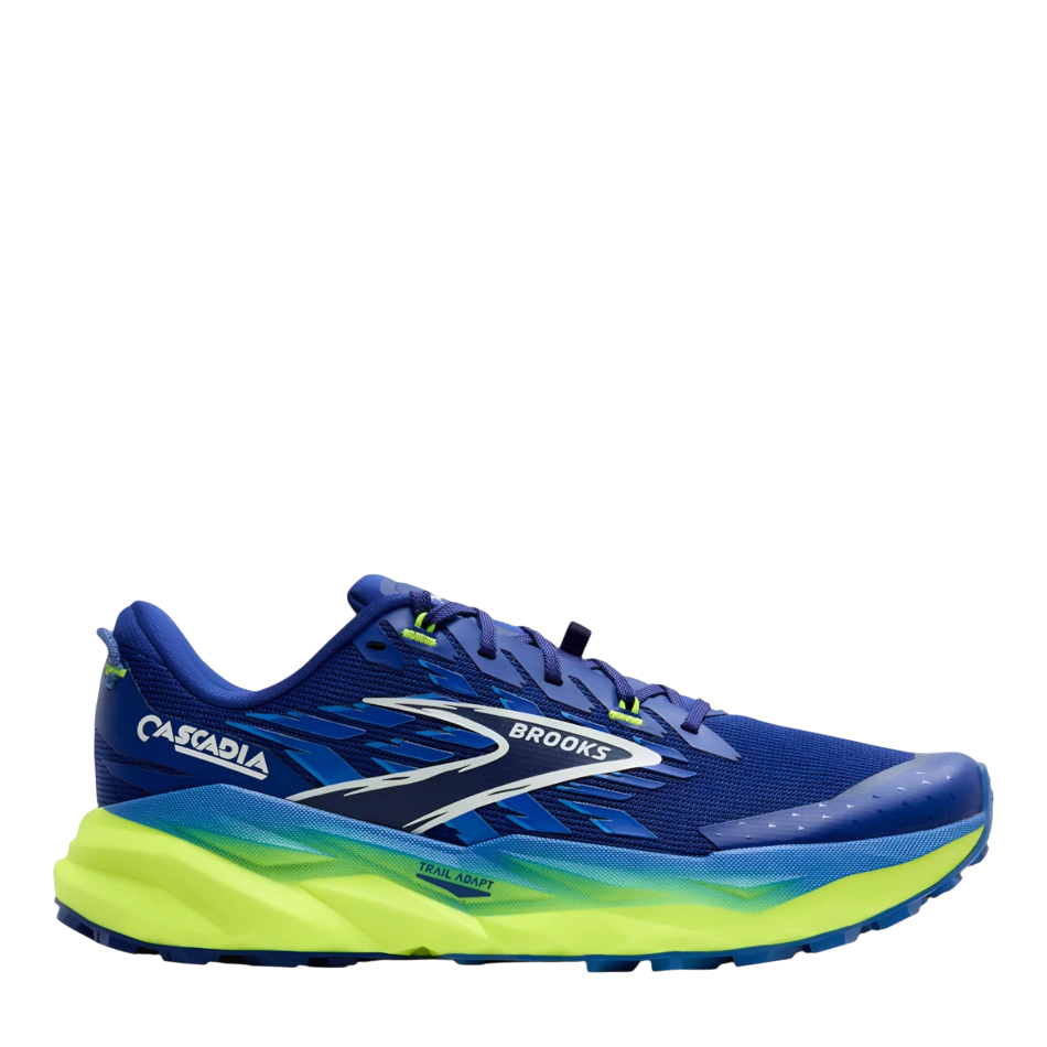 Up & Running Brooks Cascadia 19 trail running shoes in blue and neon yellow with DNA LOFT v2 cushioning
