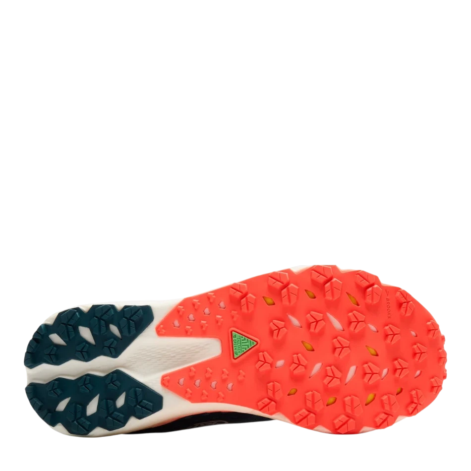 Up & Running Brooks Catamount 4 trail running shoe sole in legion blue, celestial, and flame orange with grippy lugs