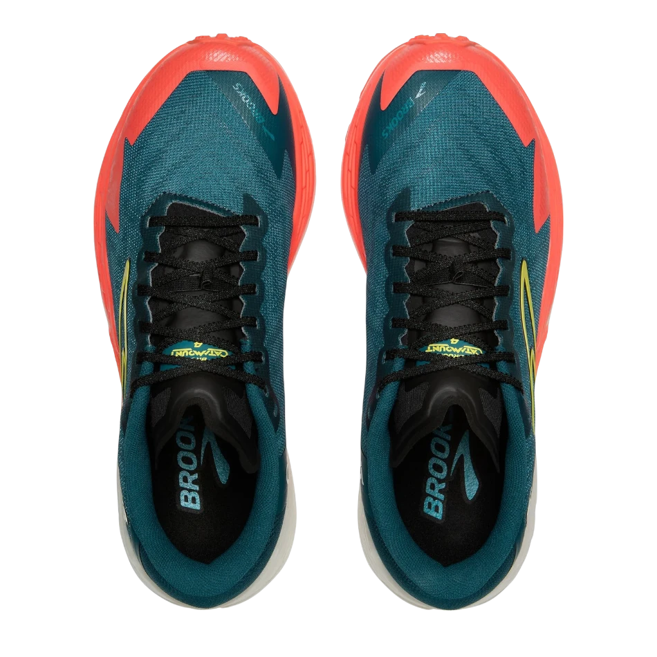 Up & Running Brooks Catamount 4 trail running shoes in legion blue and flame orange with a top-down view.