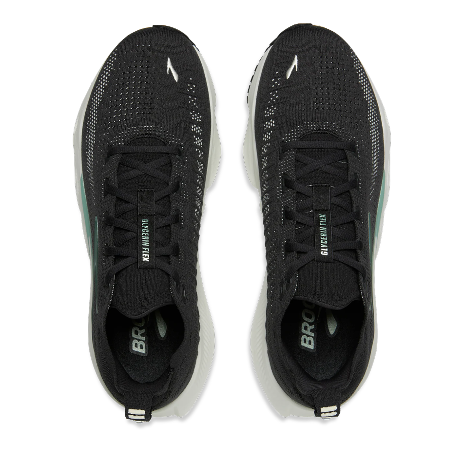 Up & Running Brooks Men's Glycerin Flex running shoes in black with metallic accents and flat knit upper, top view.