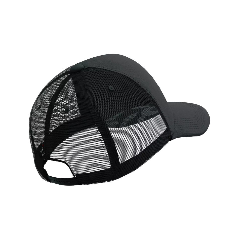 Up & Running Compressport black trucker cap with breathable mesh back, curved peak, and adjustable snapback closure.