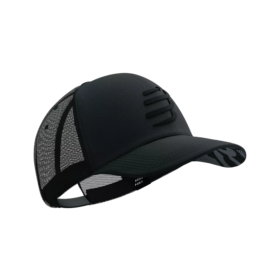 Up & Running Compressport black trucker cap with breathable mesh back, curved peak, and 3D logo for sun protection.