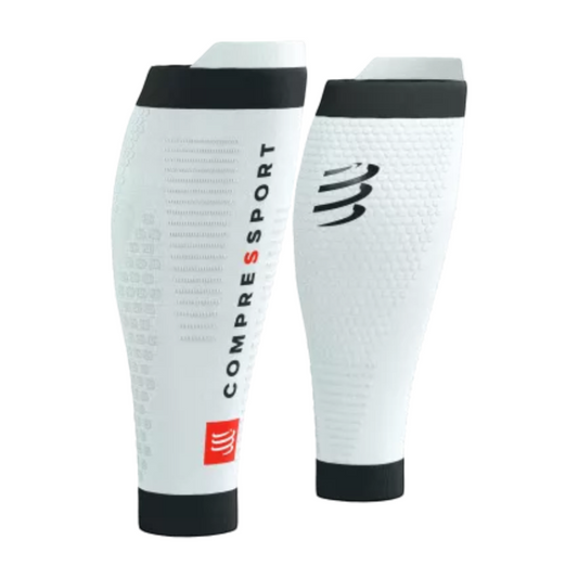 Up & Running Compressport R2 3.0 white and black compression calf sleeves with waffle knit texture and branding