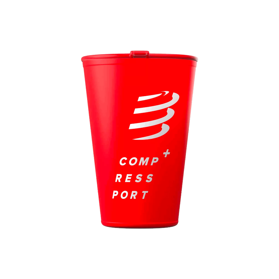 Up & Running Compressport red collapsible trail running cup with white logo and 200ml capacity