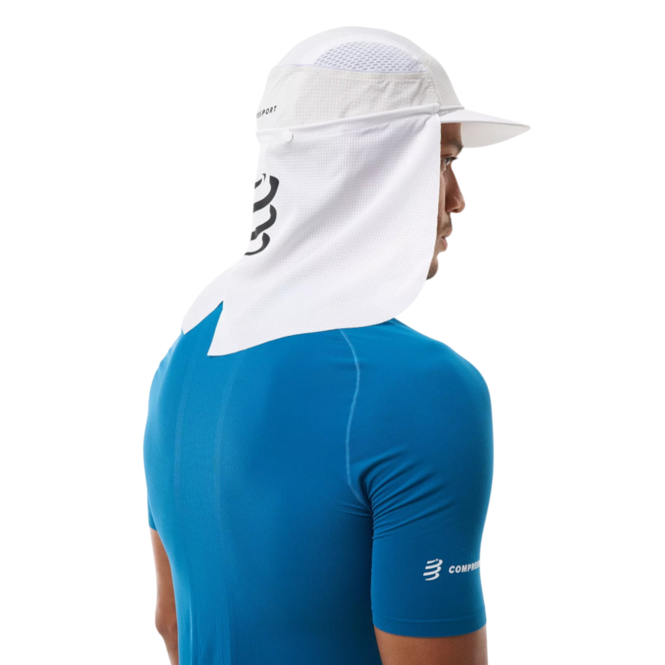Up & Running Compressport white racing cap with removable neck shade and breathable mesh for cooling during hot runs