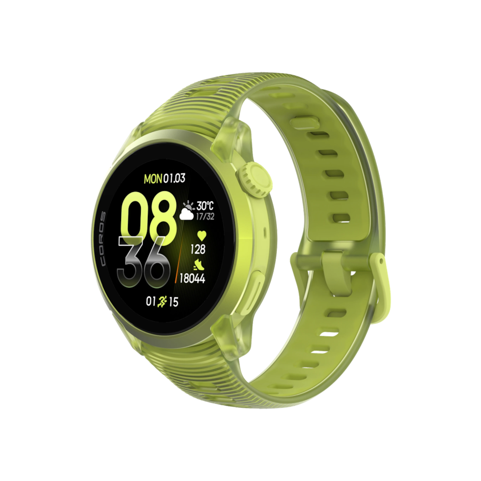 Up & Running Coros Pace 4 GPS sport watch in neon yellow with an AMOLED touchscreen and translucent silicone band